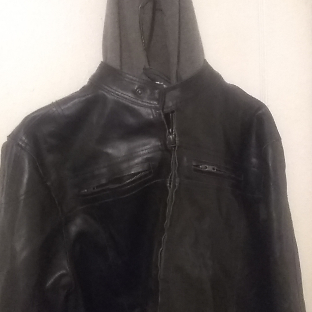 Black leather coat with hoodie